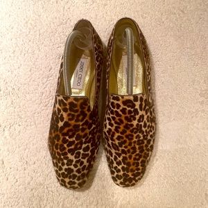 Jimmy Choo Leopard Loafers, black, cream, tan with gold insoles.